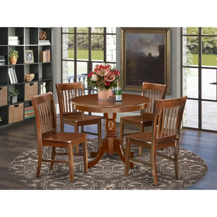 Elegant Mahogany Dining Room Set 5-Piece Round Wood Table & Chairs | Premium Quality & Space-Saving Design - Image 2