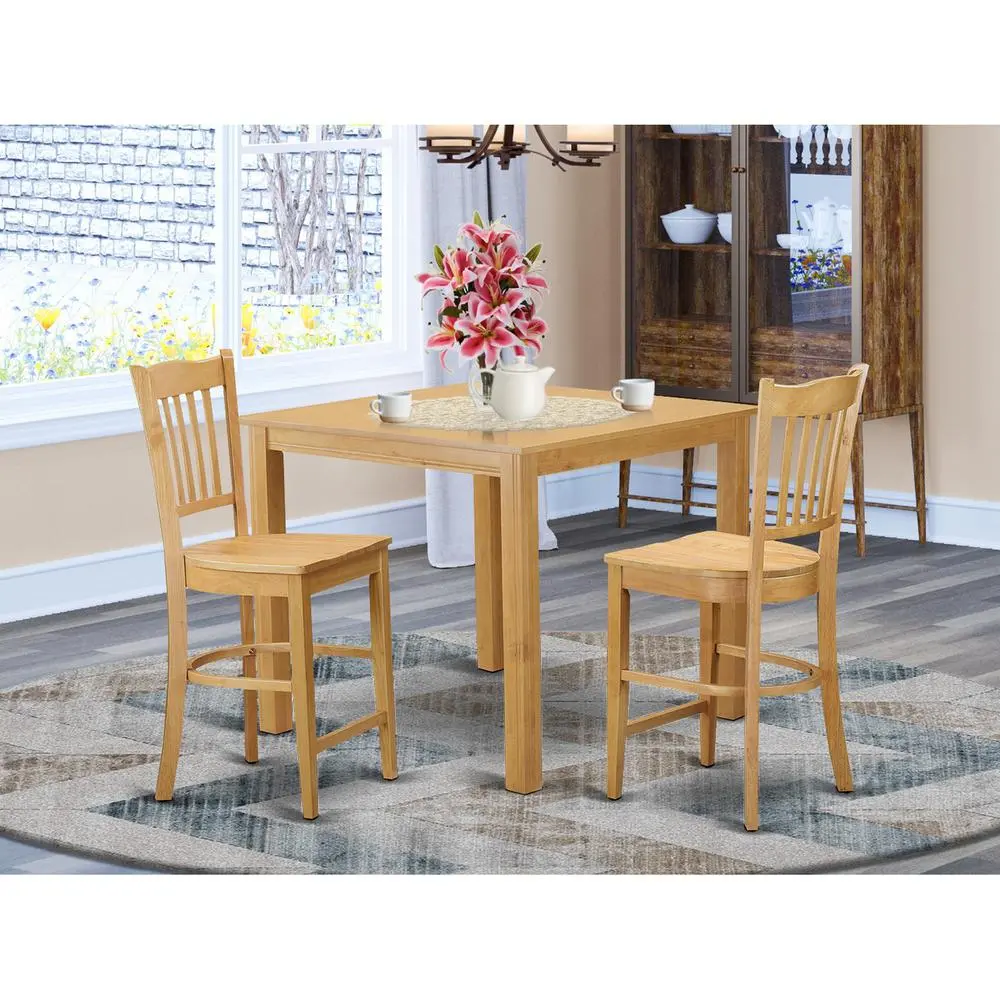 32923649_large.webp Elegant 3-Piece Counter Height Dining Room Set - Square Table & 2 High Dining Chairs - Warm Oak Finish - Image 1