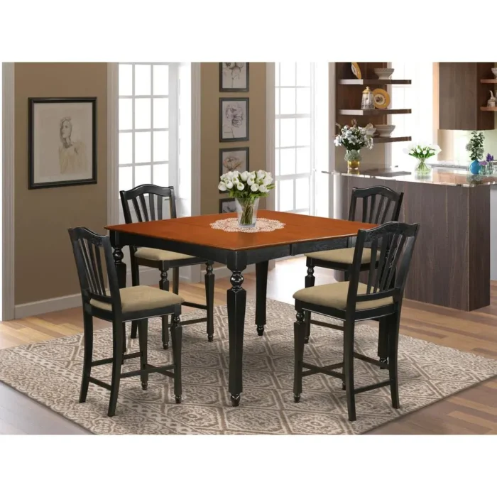 Elegant 5-Piece Counter Height Dining Set with Square Gathering Table and Built-in Leaf Extension - Black Finish - Image 2
