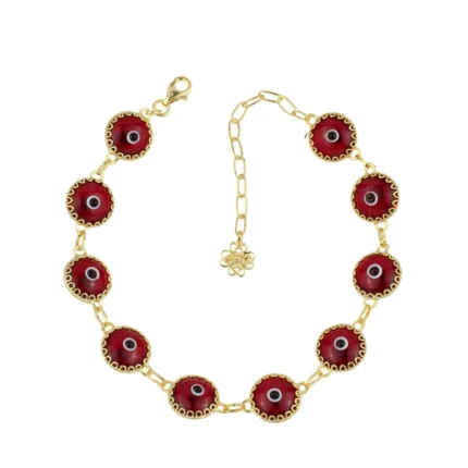 10 Beads Red Evil Eye Women Gold Plated Silver Link Bracelet - Ward Off Bad Luck & Envy