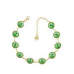 Elegant Mint Green Evil Eye Bracelet - 10 Beads, Gold Plated Silver Link - Protection from Bad Luck