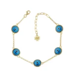 5 Beads Blue Evil Eye Women Gold Plated Silver Link Bracelet - Ward Off Bad Luck and Embrace Elegance!
