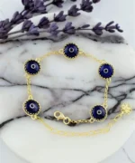 Elegant 5 Beads Dark Blue Evil Eye Gold Plated Silver Link Bracelet for Women - Protective & Stylish - Image 3