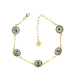 5 Beads Smokey Evil Eye Gold Plated Silver Link Bracelet - Stylish & Protective Women's Jewelry