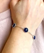 5 Beads Dark Blue Evil Eye Women Silver Link Bracelet - Protective & Stylish Jewelry - Image 2