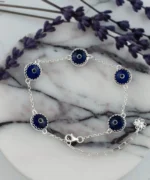 5 Beads Dark Blue Evil Eye Women Silver Link Bracelet - Protective & Stylish Jewelry - Image 3