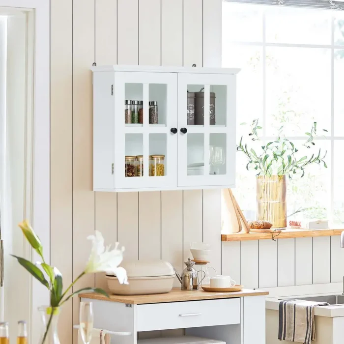 Stylish White MDF Wood Glass Pane Bathroom Wall Cabinet - Functional Storage Solution - Image 3