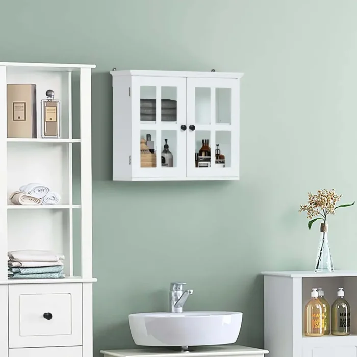 Stylish White MDF Wood Glass Pane Bathroom Wall Cabinet - Functional Storage Solution - Image 4