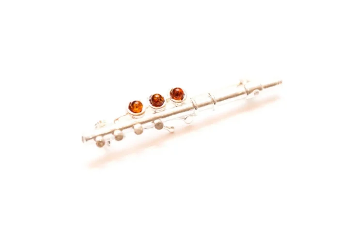 Amber & Silver Flute Brooch - Exquisitely Crafted Music Accessory - Image 1