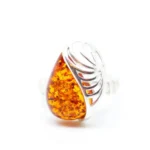Elegant Shell Frame Amber Ring - Sterling Silver & Baltic Amber, Adjustable Fit