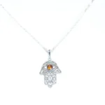 Ajoure Hamsa Pendant - Sterling Silver Charm with Amber Centerpiece | Protection Talisman