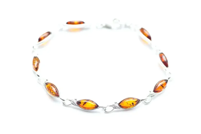Classic Amber Leaf Bracelet - Elegant Sterling Silver Jewelry with Marquise Cut Amber - Image 1