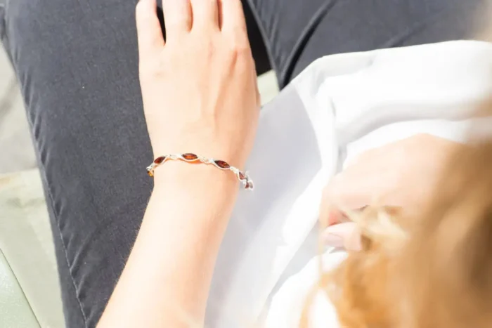 Classic Amber Leaf Bracelet - Elegant Sterling Silver Jewelry with Marquise Cut Amber - Image 4