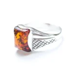 Elegant Men's Amber Solitaire Ring - Sterling Silver Band with Baltic Amber Gemstone | Exquisite Design