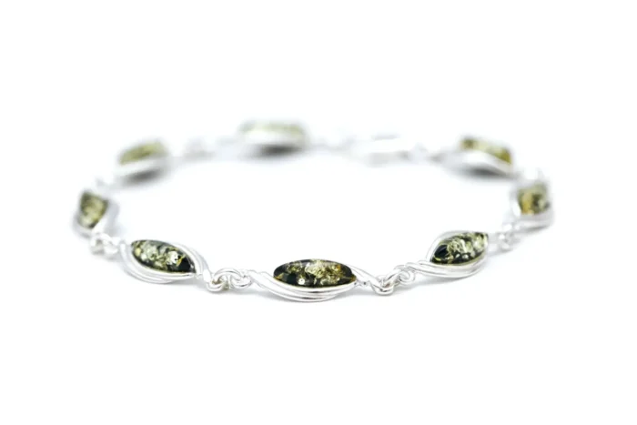 Shop Green Baltic Amber Link Bracelet - Handcrafted Sterling Silver Jewelry - Image 1