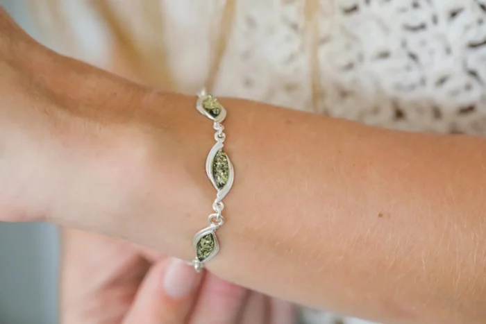 Shop Green Baltic Amber Link Bracelet - Handcrafted Sterling Silver Jewelry - Image 6