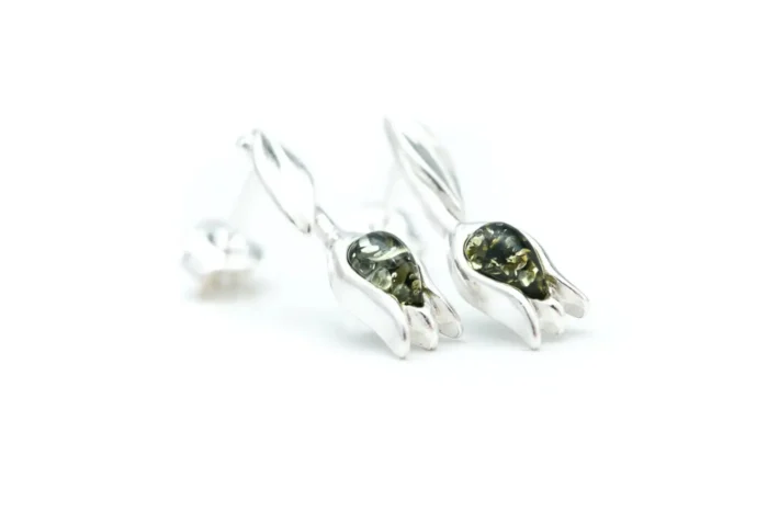 Green Amber Tulip Stud Earrings - Handcrafted Sterling Silver & Baltic Amber | Elegant Nature-Inspired Jewelry - Image 1