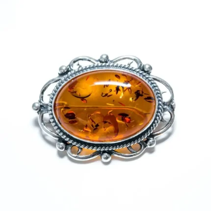 Oval Classic Framed Amber Brooch - Victorian Style, Baltic Amber & Sterling Silver