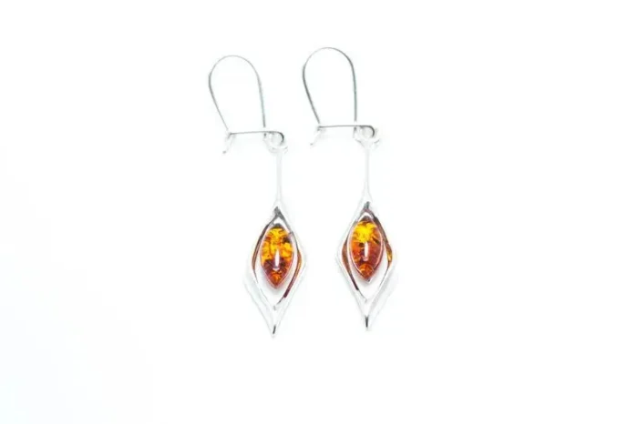 Small Droplet Amber Dangle Earrings - Elegant Minimalist Sterling Silver Design - Image 1