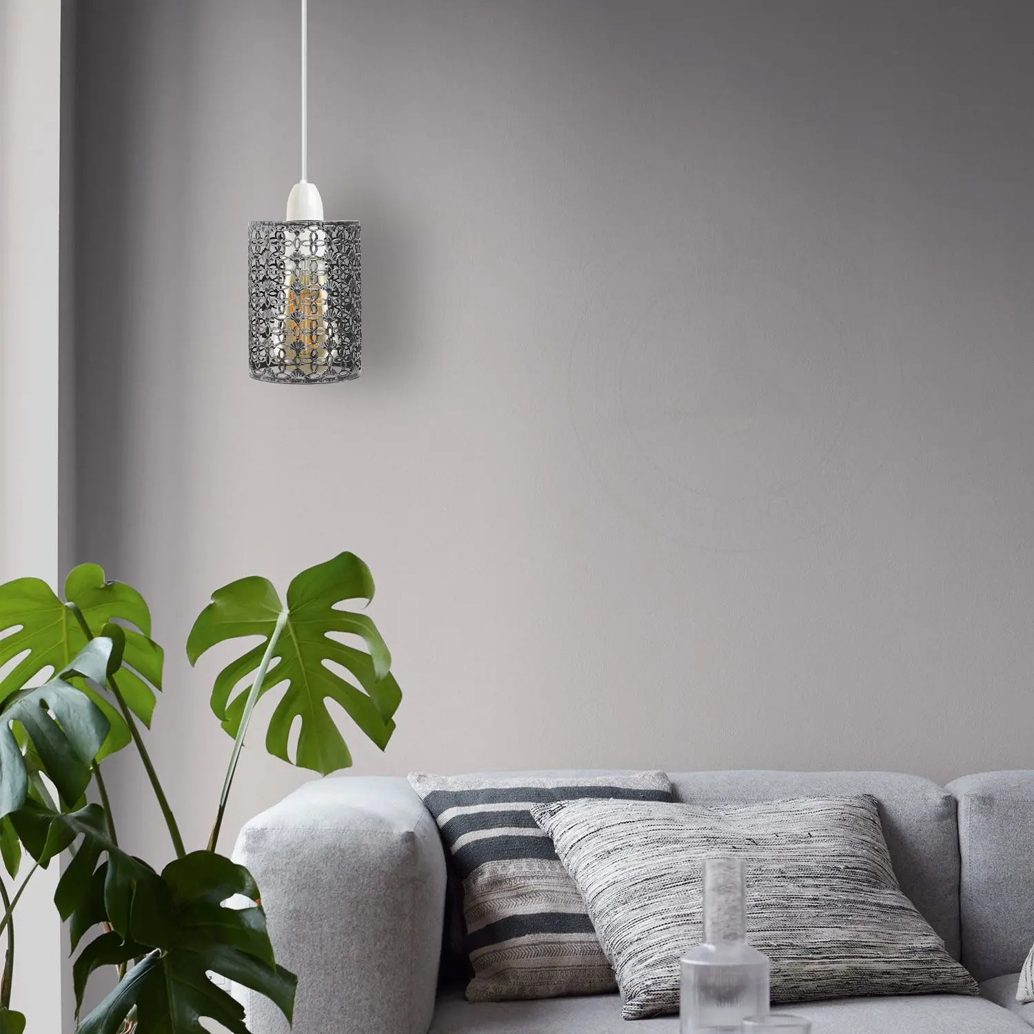 33190134_large.webp Brushed Silver Drum Lampshade - Modern Retro Style Metal Shade - Image 1