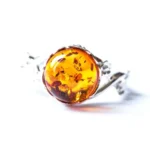 Dainty Floral Amber Ring - Elegant Sterling Silver Band with Baltic Amber Gem