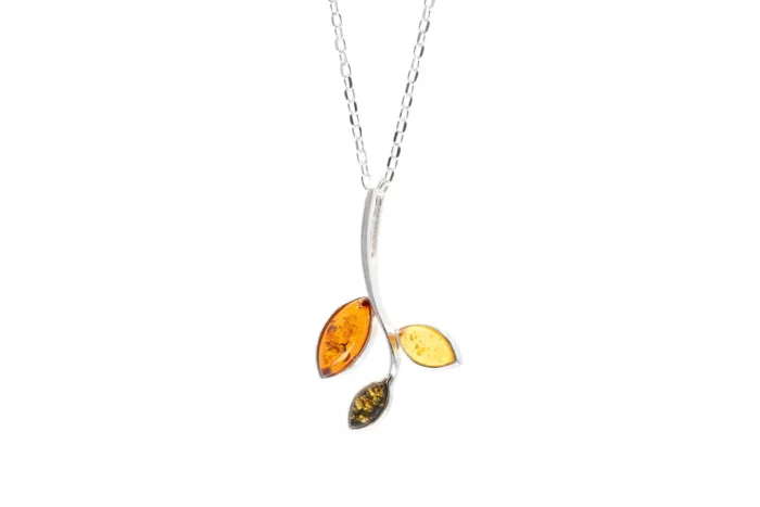 Little Multicolour Amber Pendant - Sterling Silver Leaf Necklace | Elegant & Eye-catching Design - Image 1