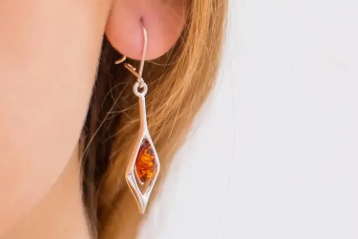 Small Droplet Amber Dangle Earrings - Elegant Minimalist Sterling Silver Design - Image 2