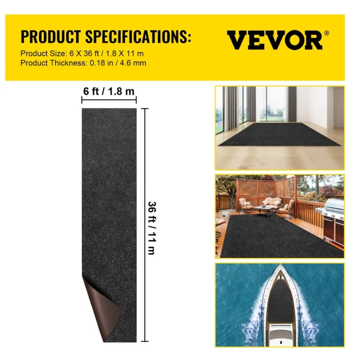 VEVOR Marine Carpet - 6 x 36 ft Charcoal Black Marine Grade Boat Carpet - Soft, Non-Slip, Waterproof & Easy to Clean - Image 6
