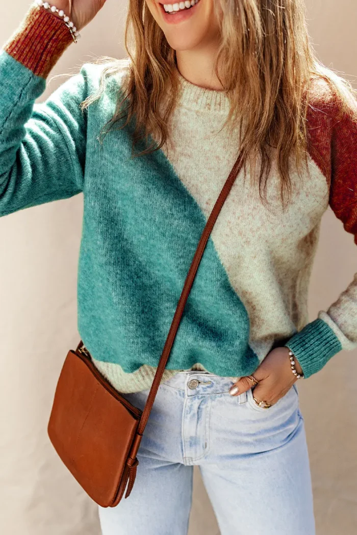 Nicole Ribbed Trim Round Neck Sweater - Trendy Color Block Design | Cozy & Stylish Knitwear - Image 4