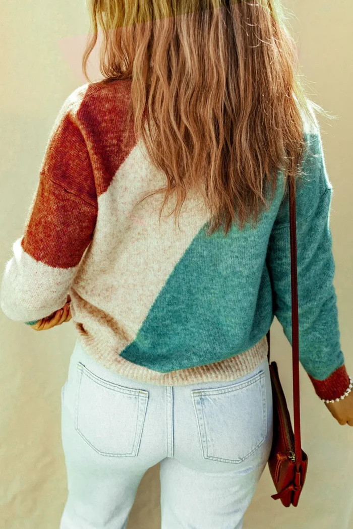 Nicole Ribbed Trim Round Neck Sweater - Trendy Color Block Design | Cozy & Stylish Knitwear - Image 3