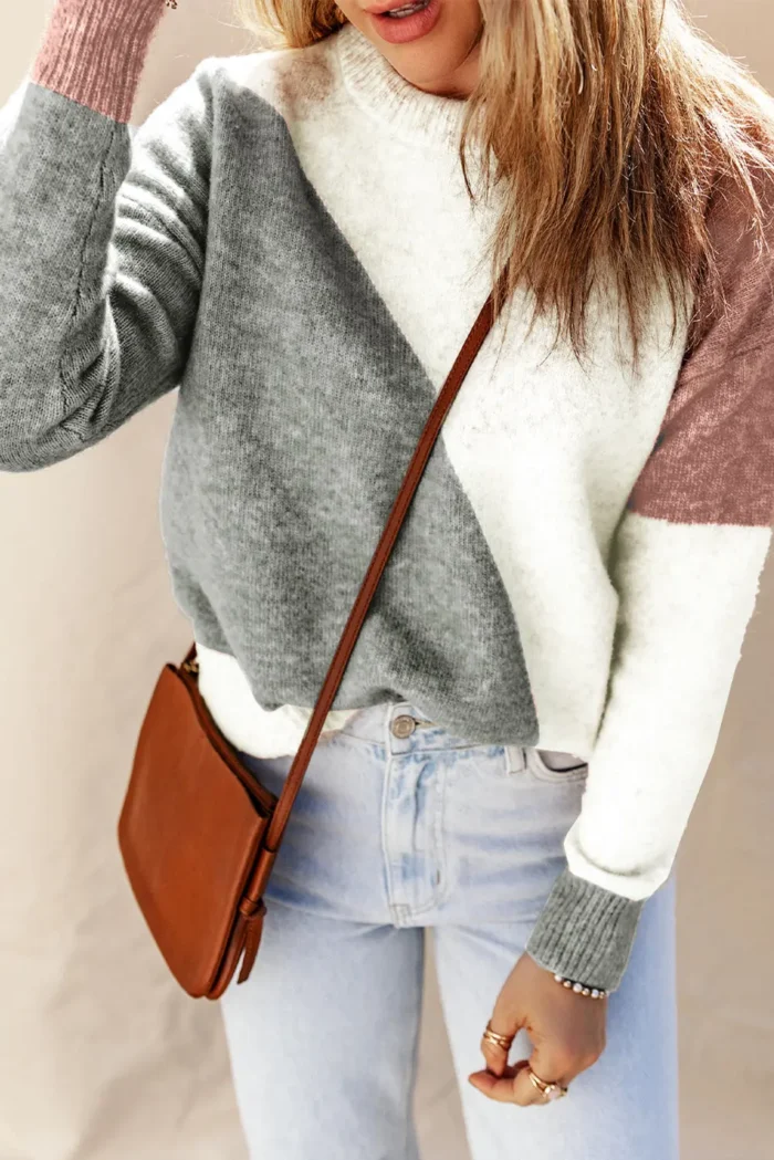Nicole Ribbed Trim Round Neck Sweater - Trendy Color Block Design | Cozy & Stylish Knitwear - Image 5