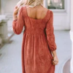 Kaylee Suede Square Neck Puff Sleeve Dress - Elegant and Sophisticated