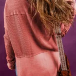 Giselle Exposed Seam Slit Neck Waffle Knit Patchwork Top - Trendy Women's Fashion
