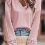 Lola Ribbed Lace Trim V Neck Long Sleeve Top - Stylish & Versatile Fashion Essential