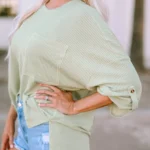Jade Ribbed Roll-tab Sleeve Chest Pocket Oversize Top - Stylish & Comfortable