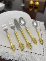 Elegant 20-Piece Stainless Steel Golden Flatware Set with Leaf Style Design - Luxurious & Durable Dining Utensils - Image 3