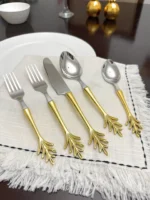 Elegant 20-Piece Stainless Steel Golden Flatware Set with Leaf Style Design - Luxurious & Durable Dining Utensils - Image 2