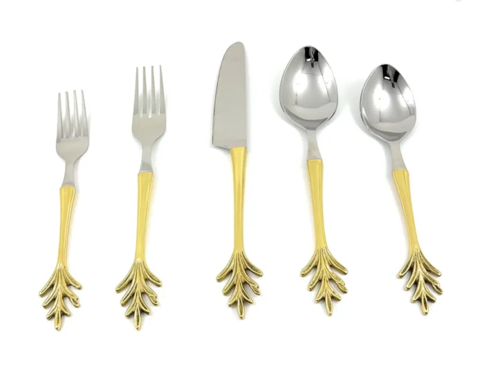 Elegant 20-Piece Stainless Steel Golden Flatware Set with Leaf Style Design - Luxurious & Durable Dining Utensils - Image 5