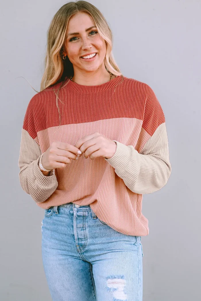 Rachel Block Long Sleeve Ribbed Loose Top - Chic & Effortless Style for Every Occasion - Image 2