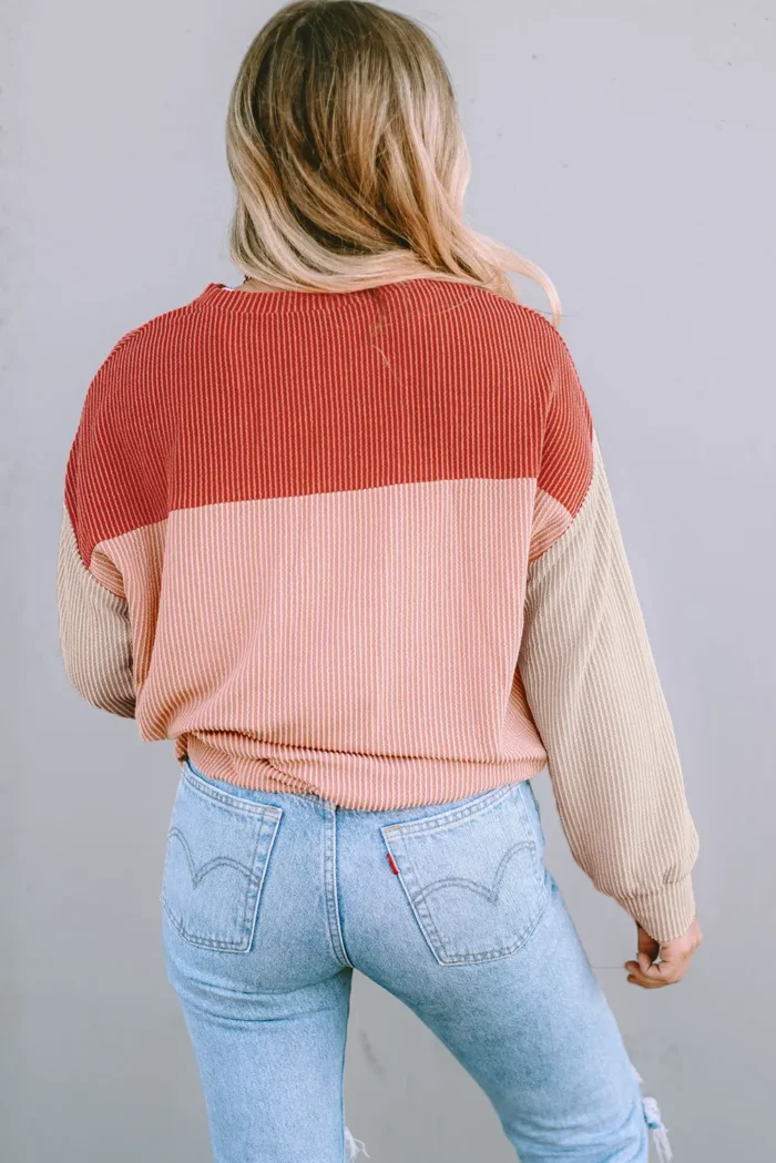 Rachel Block Long Sleeve Ribbed Loose Top - Chic & Effortless Style for Every Occasion - Image 1
