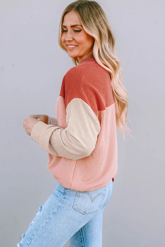 Rachel Block Long Sleeve Ribbed Loose Top - Chic & Effortless Style for Every Occasion - Image 3