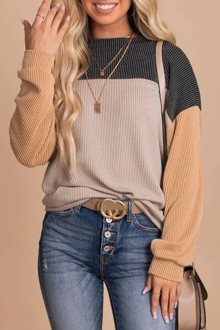 Rachel Block Long Sleeve Ribbed Loose Top - Chic & Effortless Style for Every Occasion - Image 8