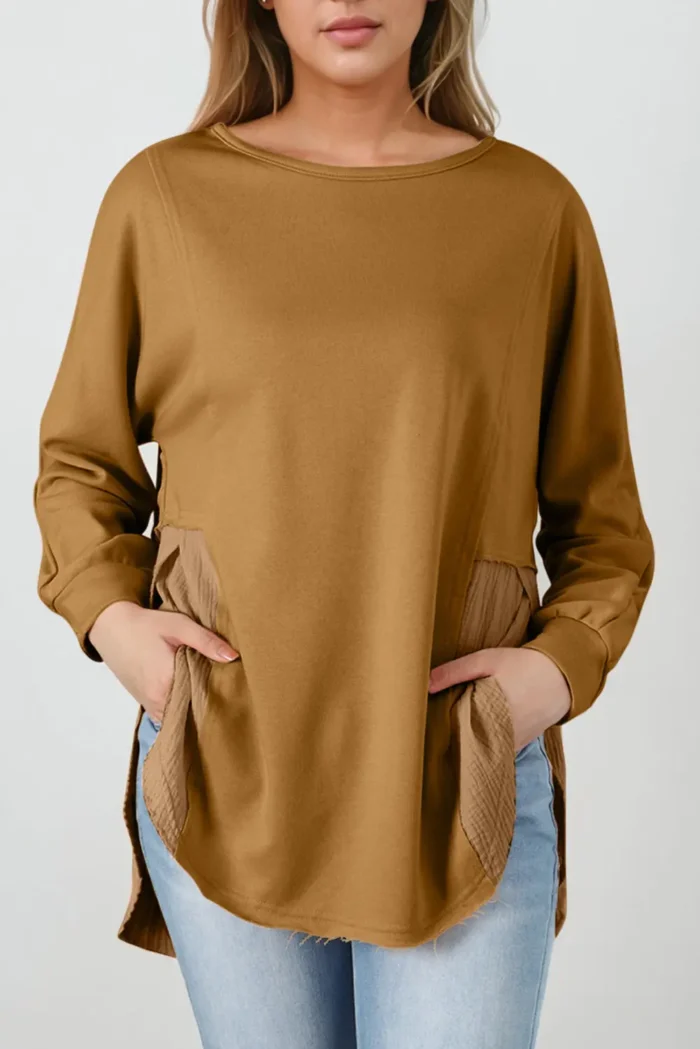 Dahlia Crinkle Splicing Raw Hem High Low Oversized Blouse - Trendy & Fashionable | Shop Now - Image 2