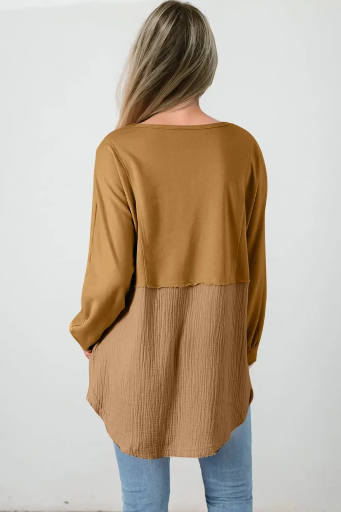 Dahlia Crinkle Splicing Raw Hem High Low Oversized Blouse - Trendy & Fashionable | Shop Now - Image 1