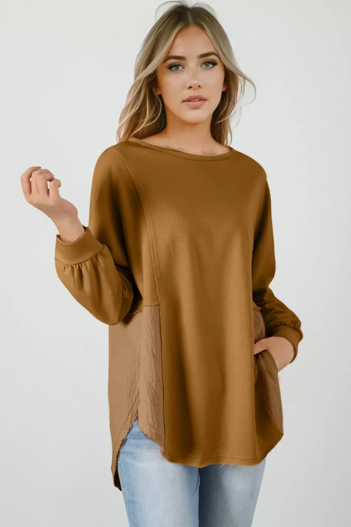 Dahlia Crinkle Splicing Raw Hem High Low Oversized Blouse - Trendy & Fashionable | Shop Now - Image 3