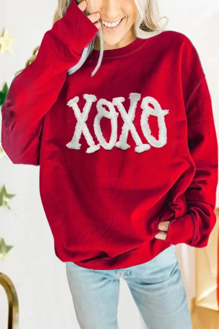 Serena XOXO Chenille Embroidered Pullover Sweatshirt - Cozy & Stylish Crew Neck - Image 1