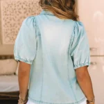 Dorothy Distressed Bubble Sleeve Denim Shirt Vintage-Inspired Women's Fashion