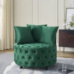 Luxurious Velvet Upholstered Swivel Chair for Living Room | Green Button Tufted Design with Movable Wheels & 3 Pillows