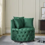 Luxurious Velvet Upholstered Swivel Chair for Living Room | Green Button Tufted Design with Movable Wheels & 3 Pillows - Image 3
