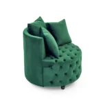 Luxurious Velvet Upholstered Swivel Chair for Living Room | Green Button Tufted Design with Movable Wheels & 3 Pillows - Image 7